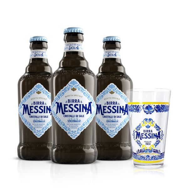 3 Bottiglie Birra Messina Cristalli di Sale 50cl con Bicchiere