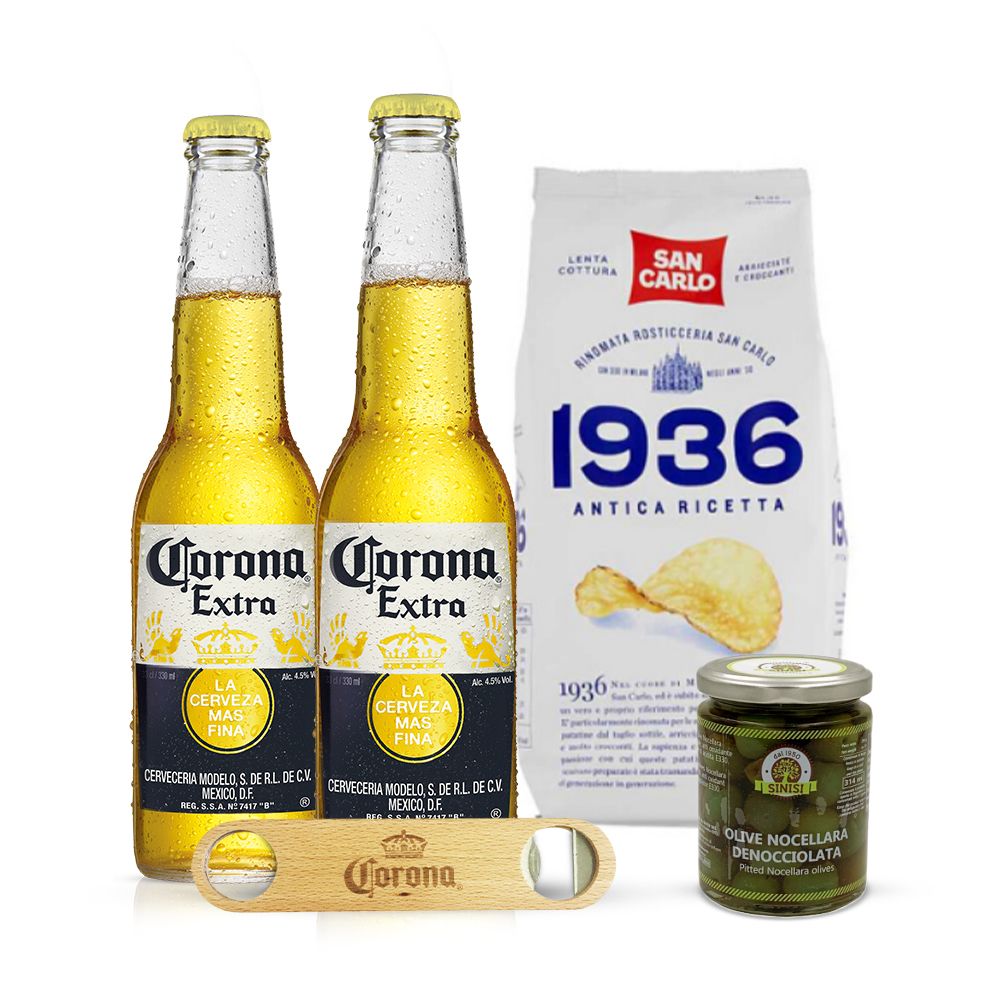 Kit Aperitivo Corona Extra Lager 2 pezzi con Patatine e Olive + Apribottiglie Omaggio